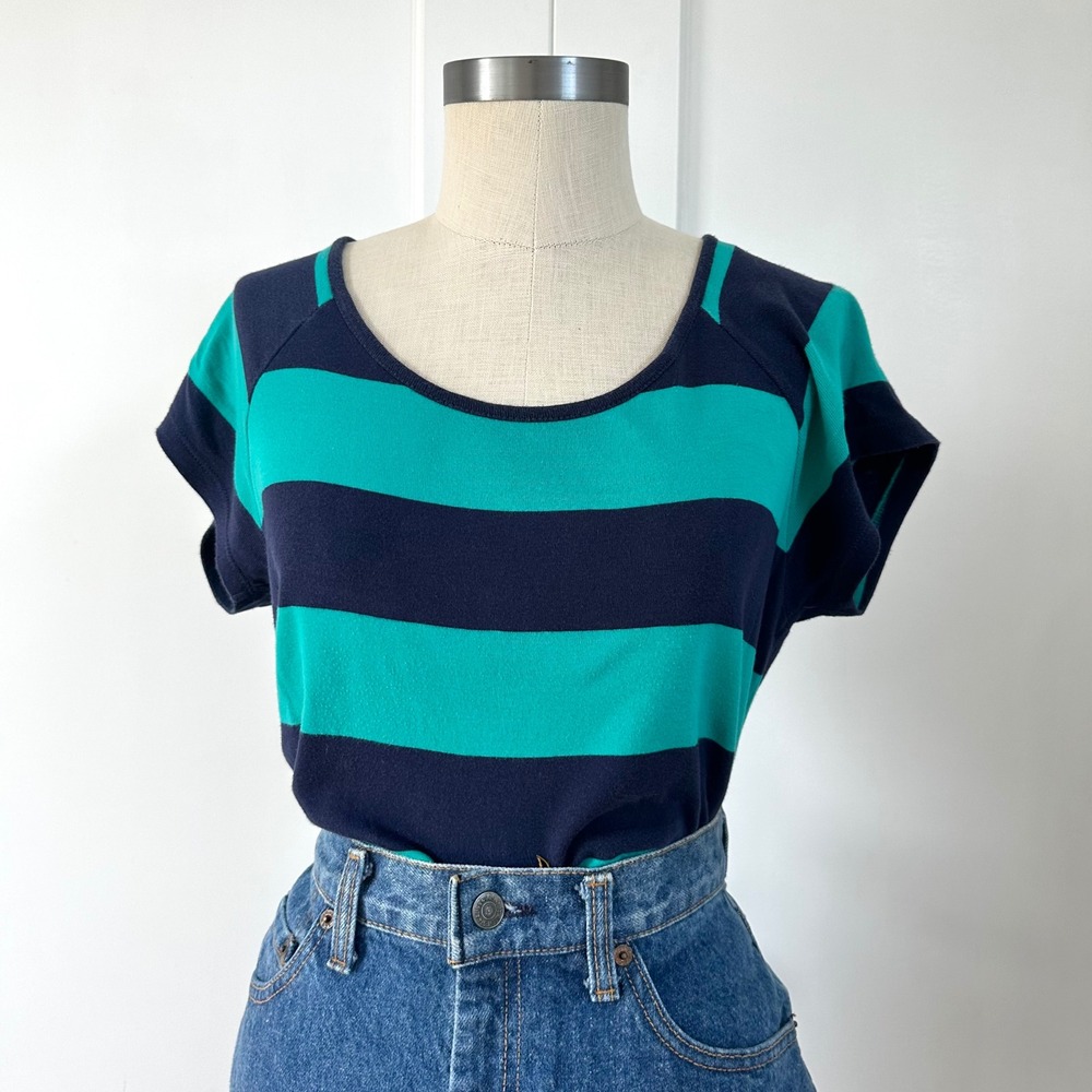 Vintage Jones New York Sport Navy Teal Striped Cotton Scoop Neck Top Medium